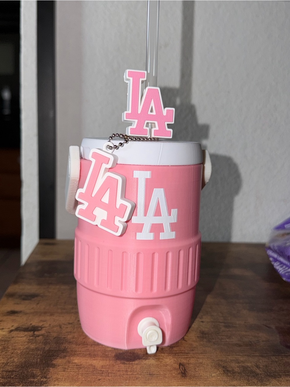 3D Printed Pink LA Logo Drink Koozie with Keychain, Straw and Topper included!